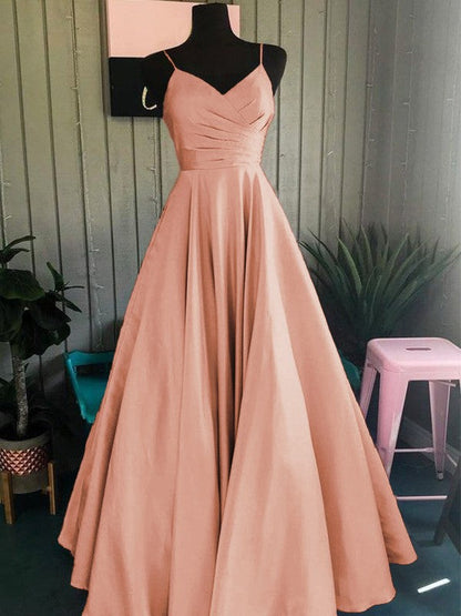 A-Line/Princess Satin Ruched Spaghetti Straps Sleeveless Floor-Length Prom Dress