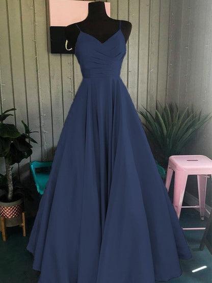 A-Line/Princess Satin Ruched Spaghetti Straps Sleeveless Floor-Length Prom Dress
