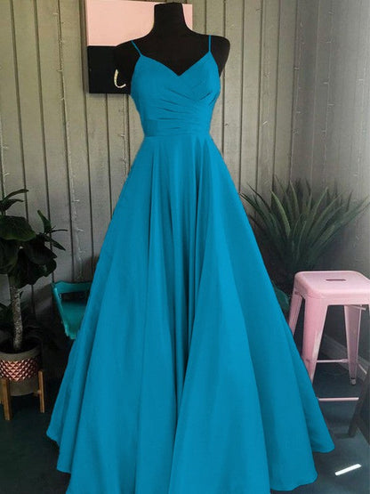 A-Line/Princess Satin Ruched Spaghetti Straps Sleeveless Floor-Length Prom Dress