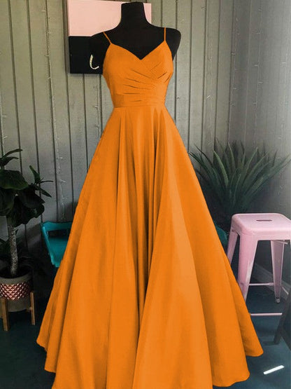 A-Line/Princess Satin Ruched Spaghetti Straps Sleeveless Floor-Length Prom Dress