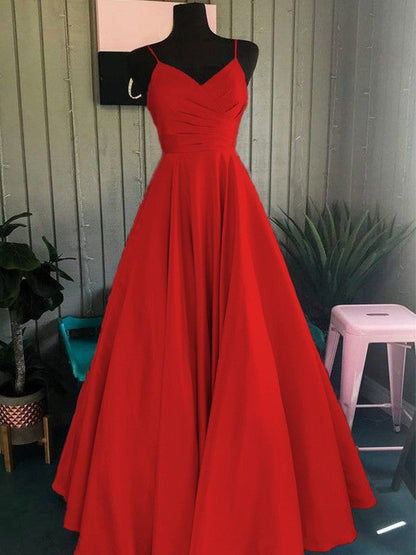 A-Line/Princess Satin Ruched Spaghetti Straps Sleeveless Floor-Length Prom Dress