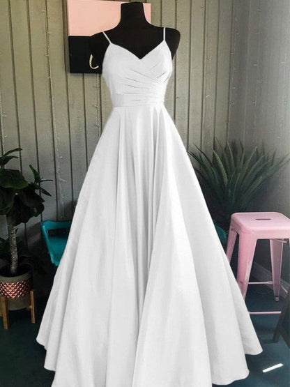 A-Line/Princess Satin Ruched Spaghetti Straps Sleeveless Floor-Length Prom Dress