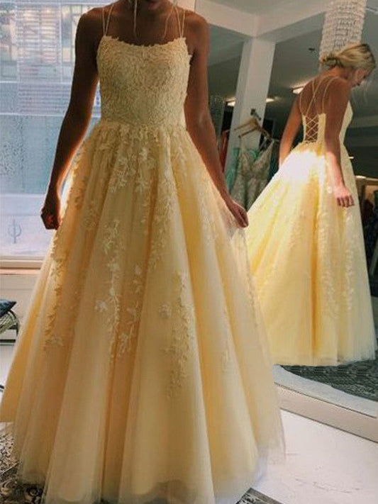A-Line/Princess Tulle Applique Spaghetti Straps Sleeveless Floor-Length Corset Prom Dress