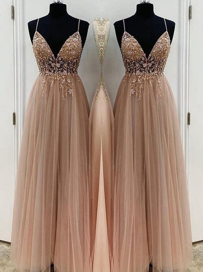 A-Line/Princess Beading Tulle Spaghetti Straps Sleeveless Floor-Length Prom Dress