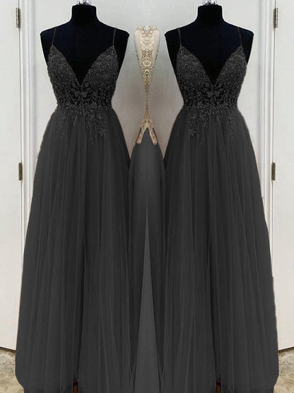 A-Line/Princess Beading Tulle Spaghetti Straps Sleeveless Floor-Length Prom Dress