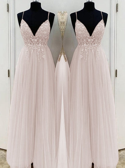 A-Line/Princess Beading Tulle Spaghetti Straps Sleeveless Floor-Length Prom Dress