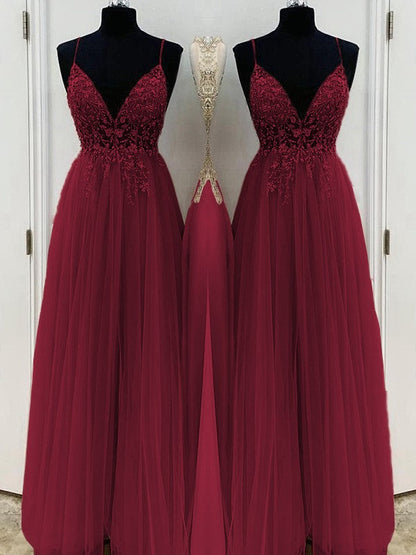 A-Line/Princess Beading Tulle Spaghetti Straps Sleeveless Floor-Length Prom Dress