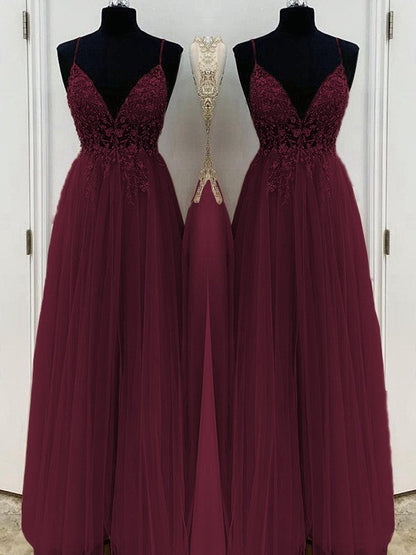 A-Line/Princess Beading Tulle Spaghetti Straps Sleeveless Floor-Length Prom Dress