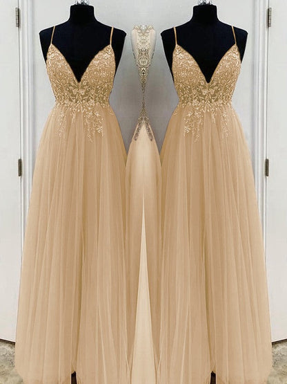 A-Line/Princess Beading Tulle Spaghetti Straps Sleeveless Floor-Length Prom Dress