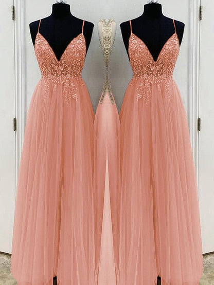 A-Line/Princess Beading Tulle Spaghetti Straps Sleeveless Floor-Length Prom Dress