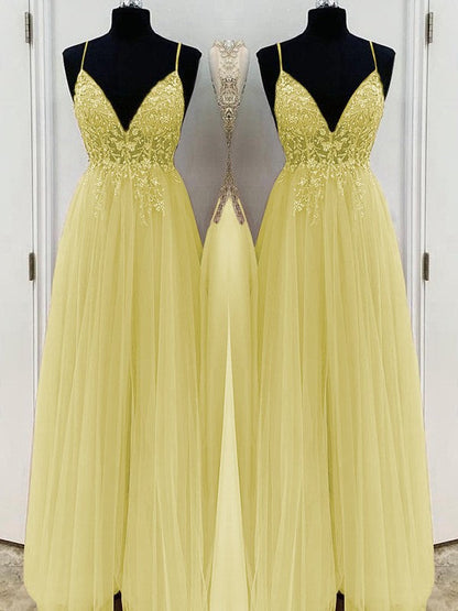A-Line/Princess Beading Tulle Spaghetti Straps Sleeveless Floor-Length Prom Dress