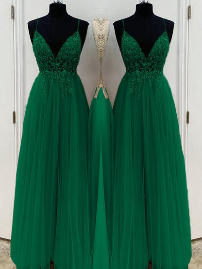 A-Line/Princess Beading Tulle Spaghetti Straps Sleeveless Floor-Length Prom Dress