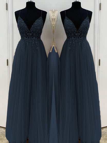 A-Line/Princess Beading Tulle Spaghetti Straps Sleeveless Floor-Length Prom Dress