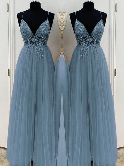 A-Line/Princess Beading Tulle Spaghetti Straps Sleeveless Floor-Length Prom Dress