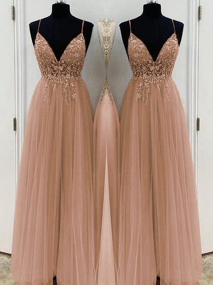 A-Line/Princess Beading Tulle Spaghetti Straps Sleeveless Floor-Length Prom Dress