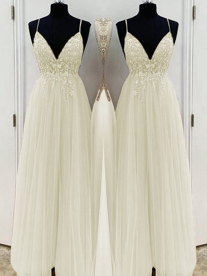 A-Line/Princess Beading Tulle Spaghetti Straps Sleeveless Floor-Length Prom Dress