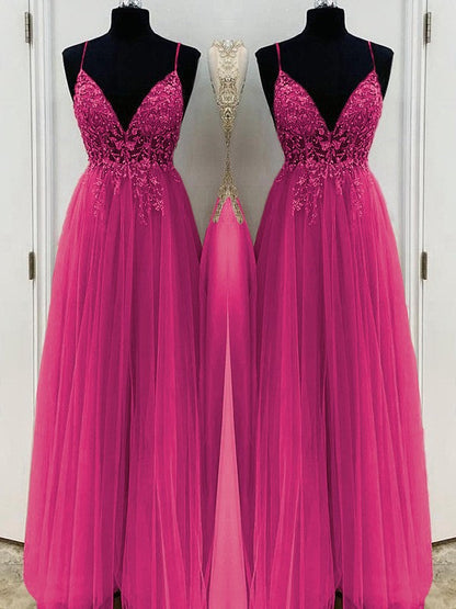 A-Line/Princess Beading Tulle Spaghetti Straps Sleeveless Floor-Length Prom Dress