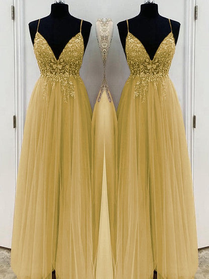 A-Line/Princess Beading Tulle Spaghetti Straps Sleeveless Floor-Length Prom Dress