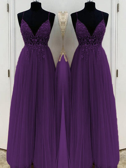 A-Line/Princess Beading Tulle Spaghetti Straps Sleeveless Floor-Length Prom Dress