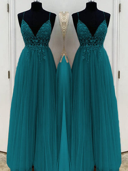 A-Line/Princess Beading Tulle Spaghetti Straps Sleeveless Floor-Length Prom Dress