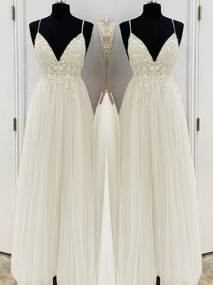 A-Line/Princess Beading Tulle Spaghetti Straps Sleeveless Floor-Length Prom Dress