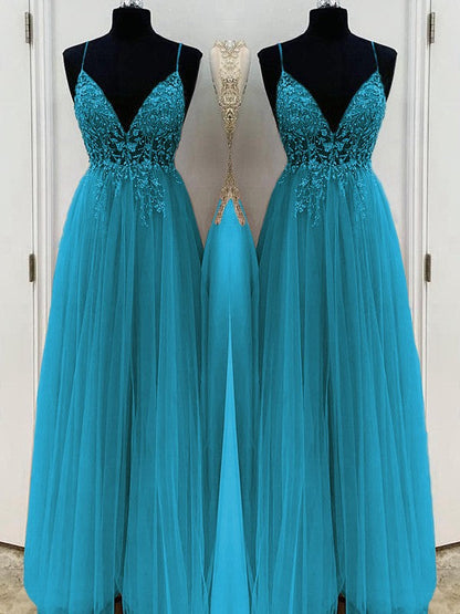 A-Line/Princess Beading Tulle Spaghetti Straps Sleeveless Floor-Length Prom Dress