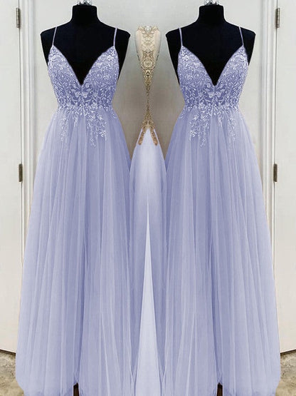 A-Line/Princess Beading Tulle Spaghetti Straps Sleeveless Floor-Length Prom Dress