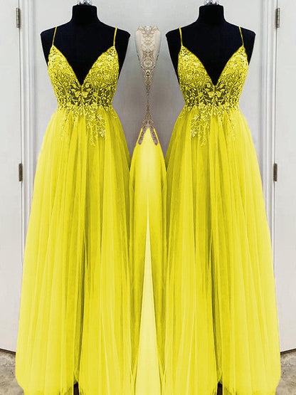 A-Line/Princess Beading Tulle Spaghetti Straps Sleeveless Floor-Length Prom Dress