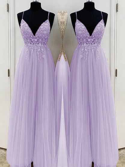 A-Line/Princess Beading Tulle Spaghetti Straps Sleeveless Floor-Length Prom Dress