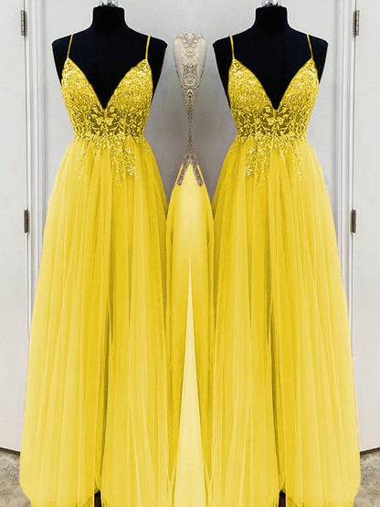 A-Line/Princess Beading Tulle Spaghetti Straps Sleeveless Floor-Length Prom Dress