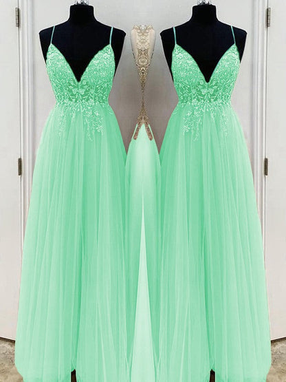 A-Line/Princess Beading Tulle Spaghetti Straps Sleeveless Floor-Length Prom Dress