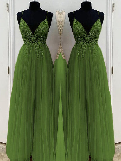 A-Line/Princess Beading Tulle Spaghetti Straps Sleeveless Floor-Length Prom Dress