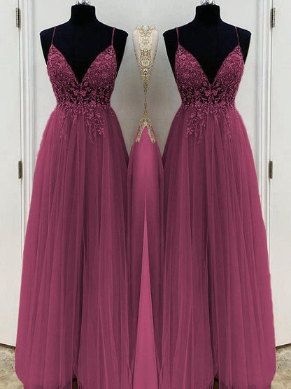 A-Line/Princess Beading Tulle Spaghetti Straps Sleeveless Floor-Length Prom Dress