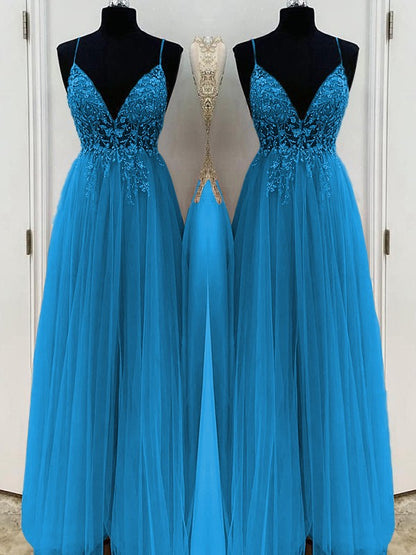 A-Line/Princess Beading Tulle Spaghetti Straps Sleeveless Floor-Length Prom Dress