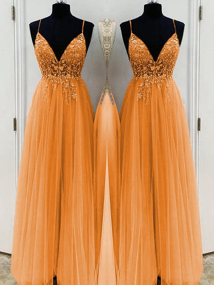 A-Line/Princess Beading Tulle Spaghetti Straps Sleeveless Floor-Length Prom Dress