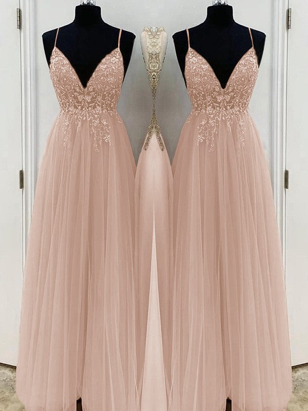 A-Line/Princess Beading Tulle Spaghetti Straps Sleeveless Floor-Length Prom Dress