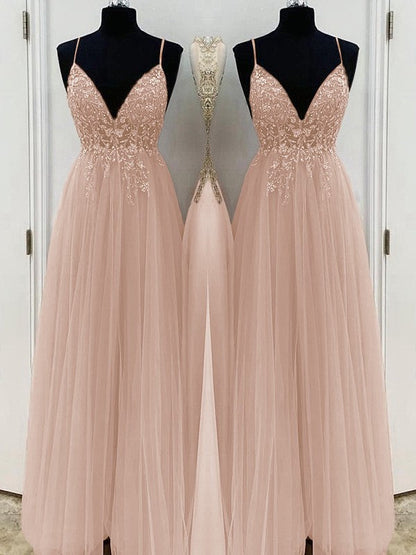 A-Line/Princess Beading Tulle Spaghetti Straps Sleeveless Floor-Length Prom Dress