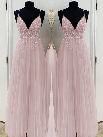A-Line/Princess Beading Tulle Spaghetti Straps Sleeveless Floor-Length Prom Dress