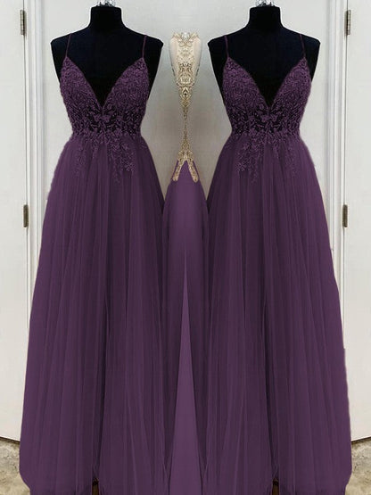 A-Line/Princess Beading Tulle Spaghetti Straps Sleeveless Floor-Length Prom Dress