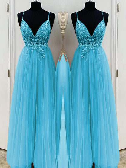 A-Line/Princess Beading Tulle Spaghetti Straps Sleeveless Floor-Length Prom Dress