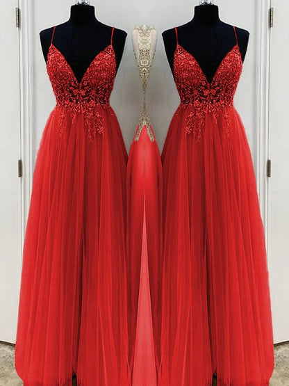 A-Line/Princess Beading Tulle Spaghetti Straps Sleeveless Floor-Length Prom Dress