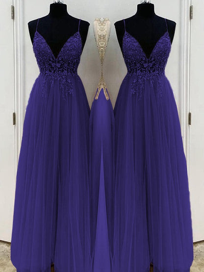 A-Line/Princess Beading Tulle Spaghetti Straps Sleeveless Floor-Length Prom Dress