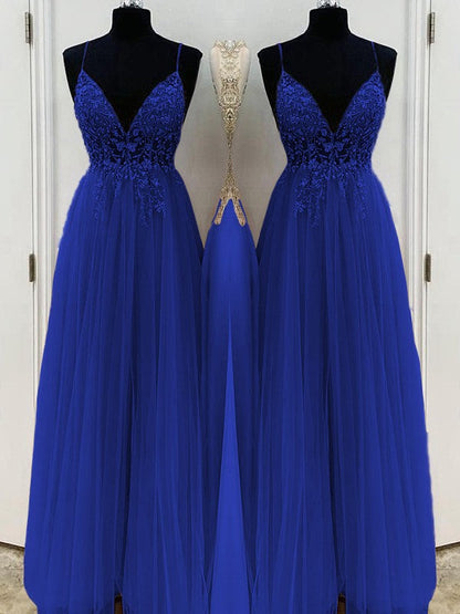 A-Line/Princess Beading Tulle Spaghetti Straps Sleeveless Floor-Length Prom Dress