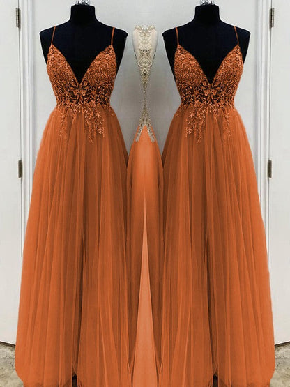 A-Line/Princess Beading Tulle Spaghetti Straps Sleeveless Floor-Length Prom Dress