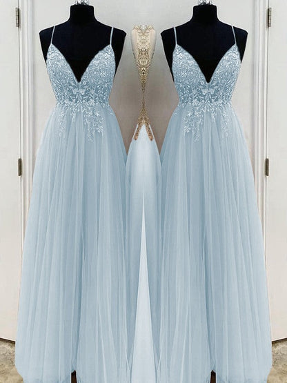 A-Line/Princess Beading Tulle Spaghetti Straps Sleeveless Floor-Length Prom Dress