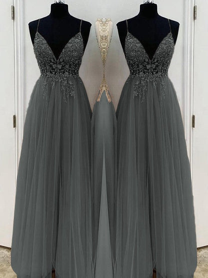 A-Line/Princess Beading Tulle Spaghetti Straps Sleeveless Floor-Length Prom Dress