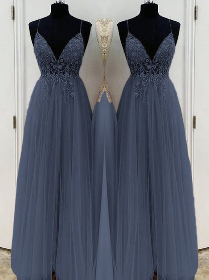 A-Line/Princess Beading Tulle Spaghetti Straps Sleeveless Floor-Length Prom Dress
