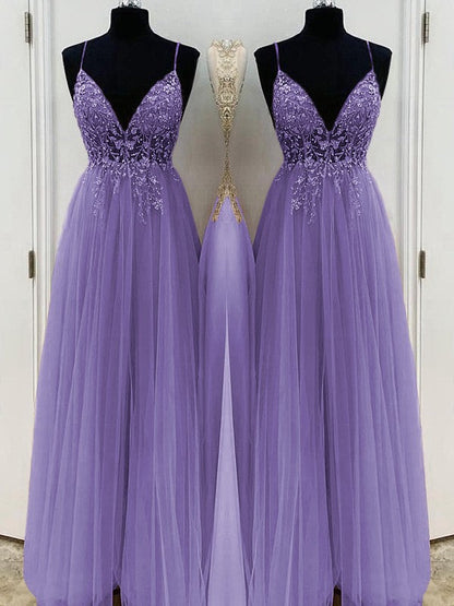 A-Line/Princess Beading Tulle Spaghetti Straps Sleeveless Floor-Length Prom Dress
