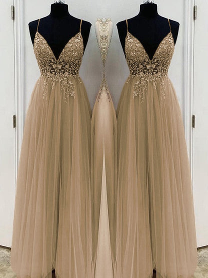 A-Line/Princess Beading Tulle Spaghetti Straps Sleeveless Floor-Length Prom Dress