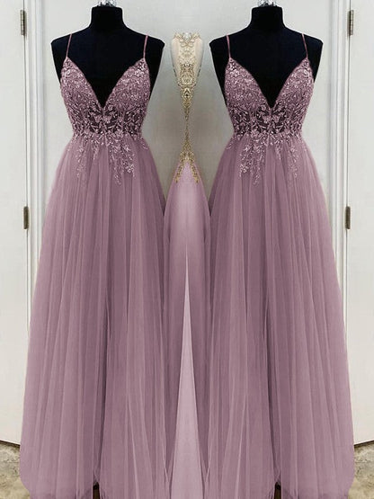 A-Line/Princess Beading Tulle Spaghetti Straps Sleeveless Floor-Length Prom Dress